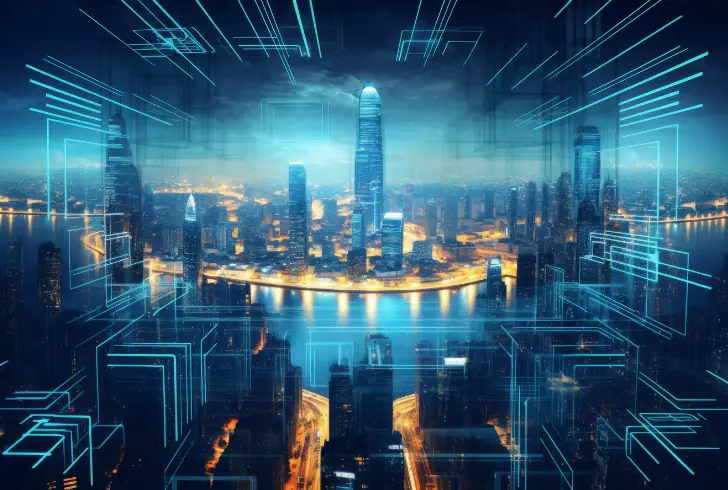 Futuristic city skyline with digital grids
