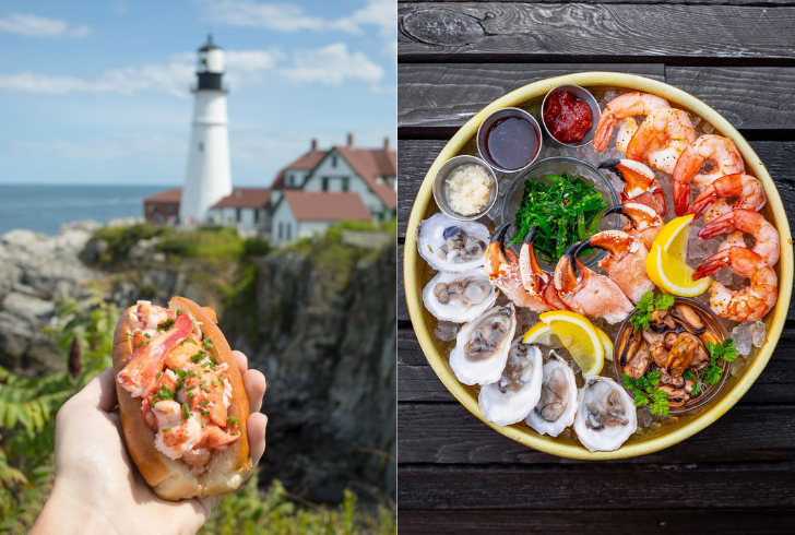 Lobster roll and seafood platter, Maine